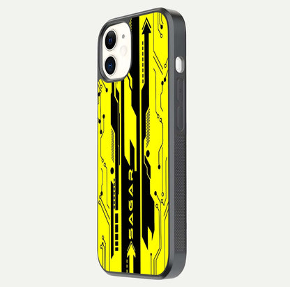 Electric Pulse CYBERPUNK Custom Name Glass Case for iPhone 12 Mini side-angle image showing glossy reflection and edge illumination