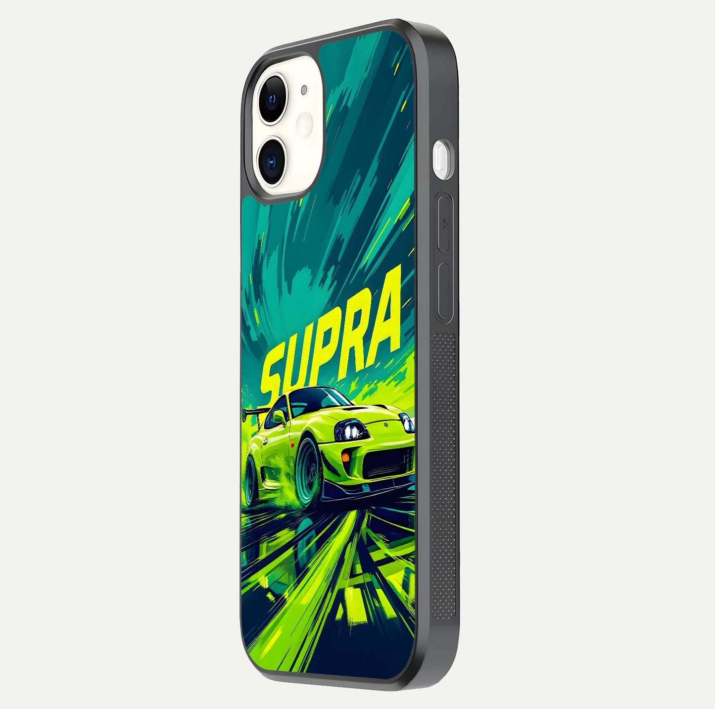 Electric Supra Thunder Glass Case for iPhone 12 Mini side-angle photo showing sleek car outline and reflective shine
