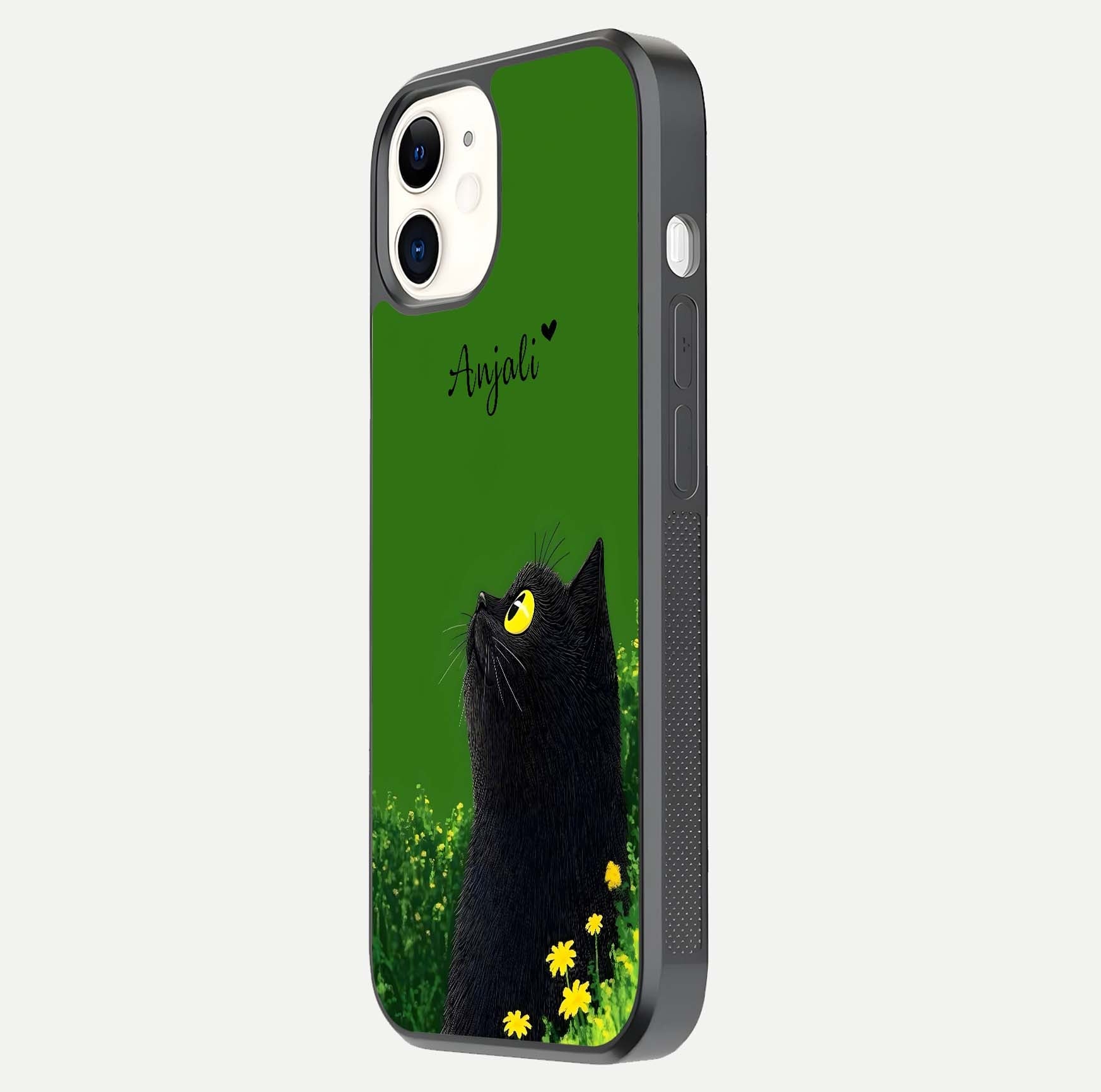 Emerald Cat Custom Name Glass Case for iPhone 12 Mini side-angle photo showing name clarity and glass reflection