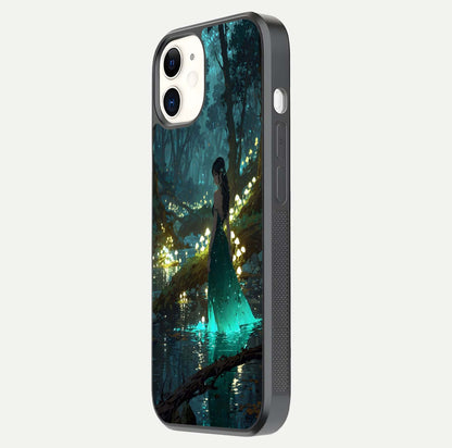 Enchanted Forest Glow Glass Case for iPhone 12 Mini side-angle image capturing shine reflection and rich detail