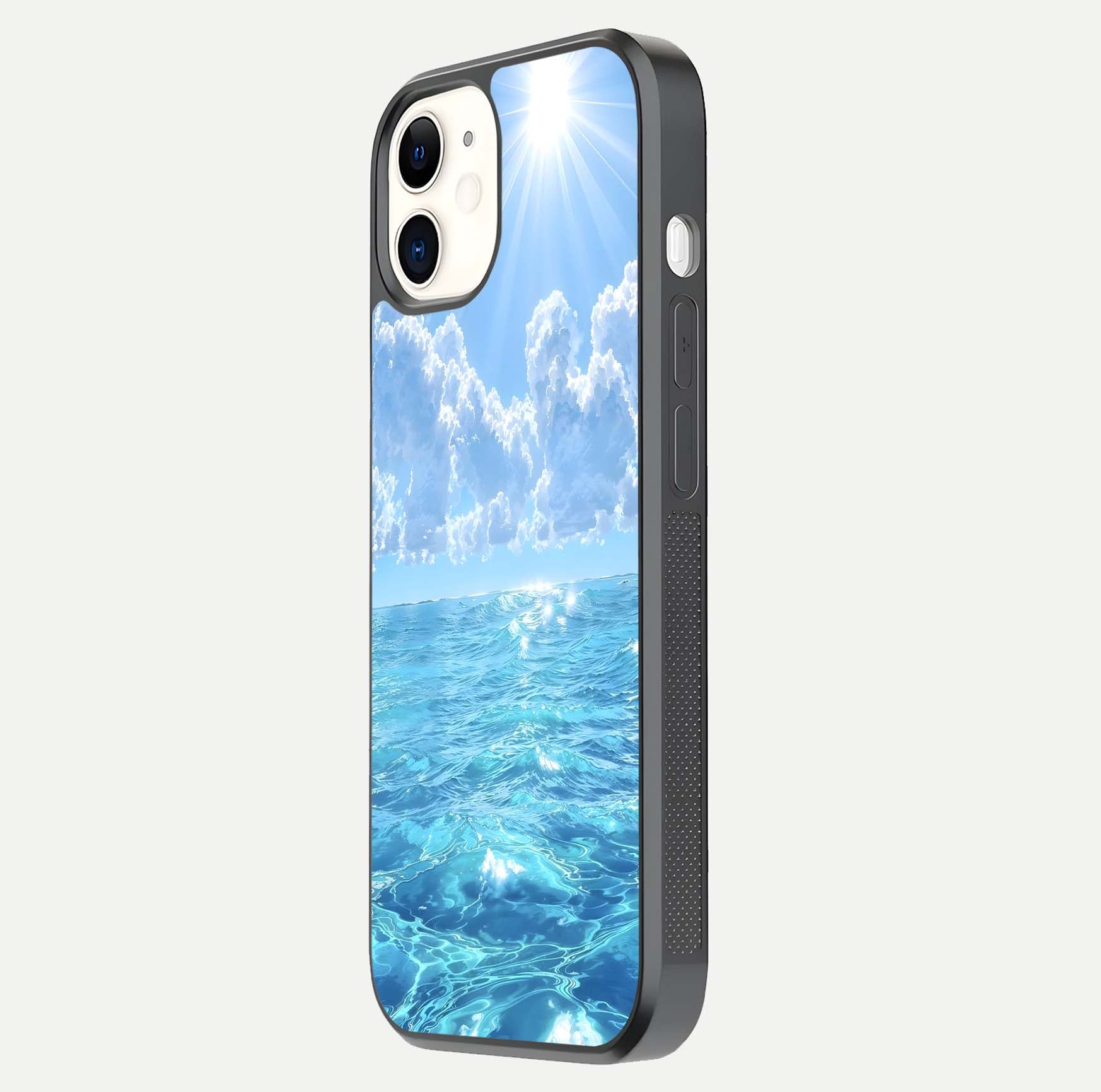 Endless Ocean Horizon Glass Case for iPhone 12 Mini side-angle photo showing reflection glow and wave tone