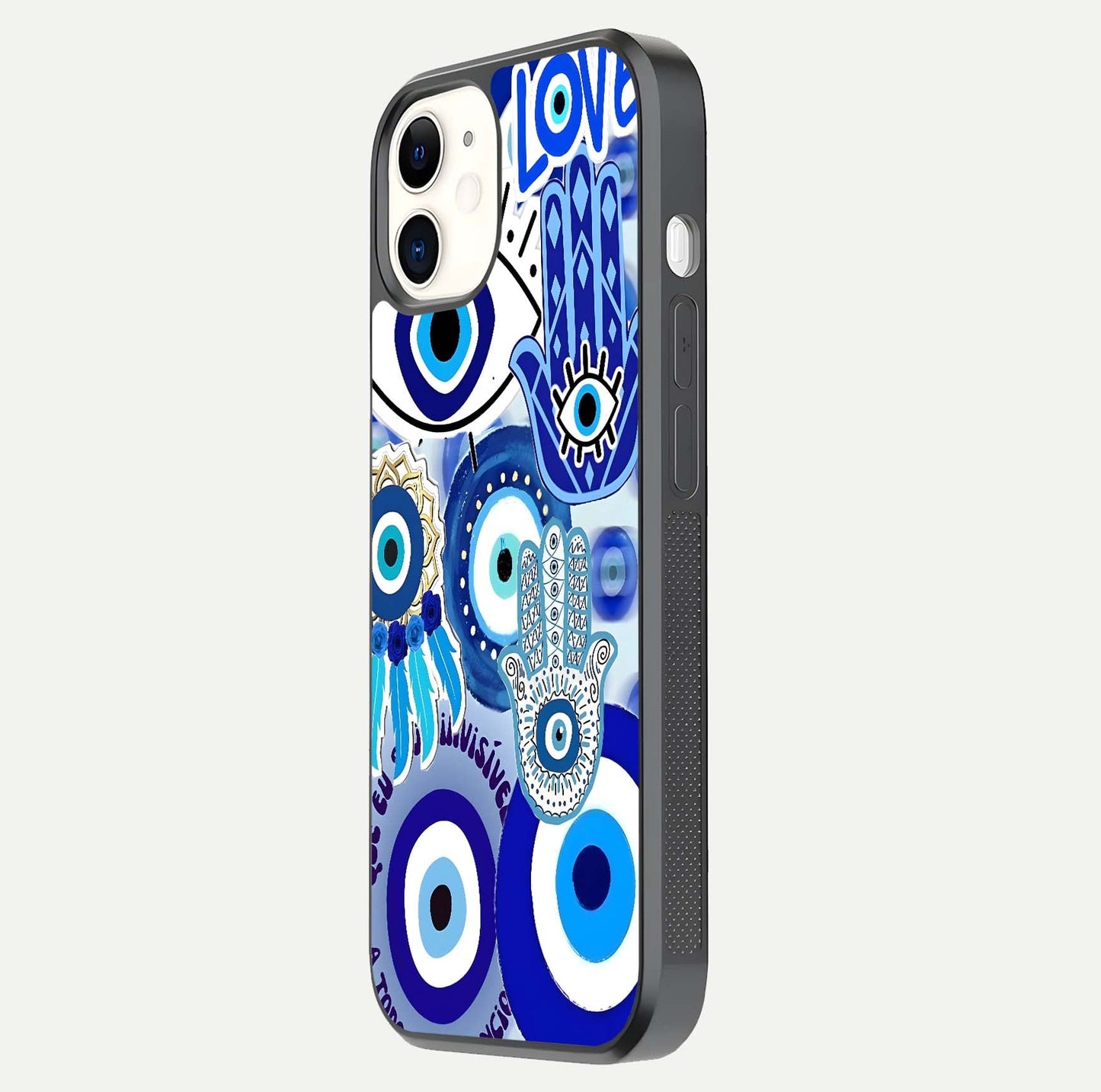 Evil Eyes Dream Glass Case for iPhone 12 Mini side-angle photo capturing smooth edges and reflective texture