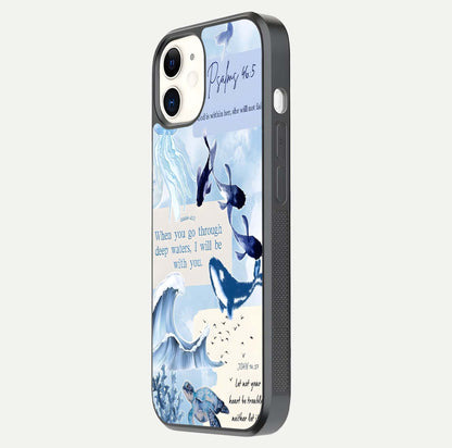 Faithful Ocean Promise Glass Case for iPhone 12 Mini side-angle photo showing reflection glow and color clarity