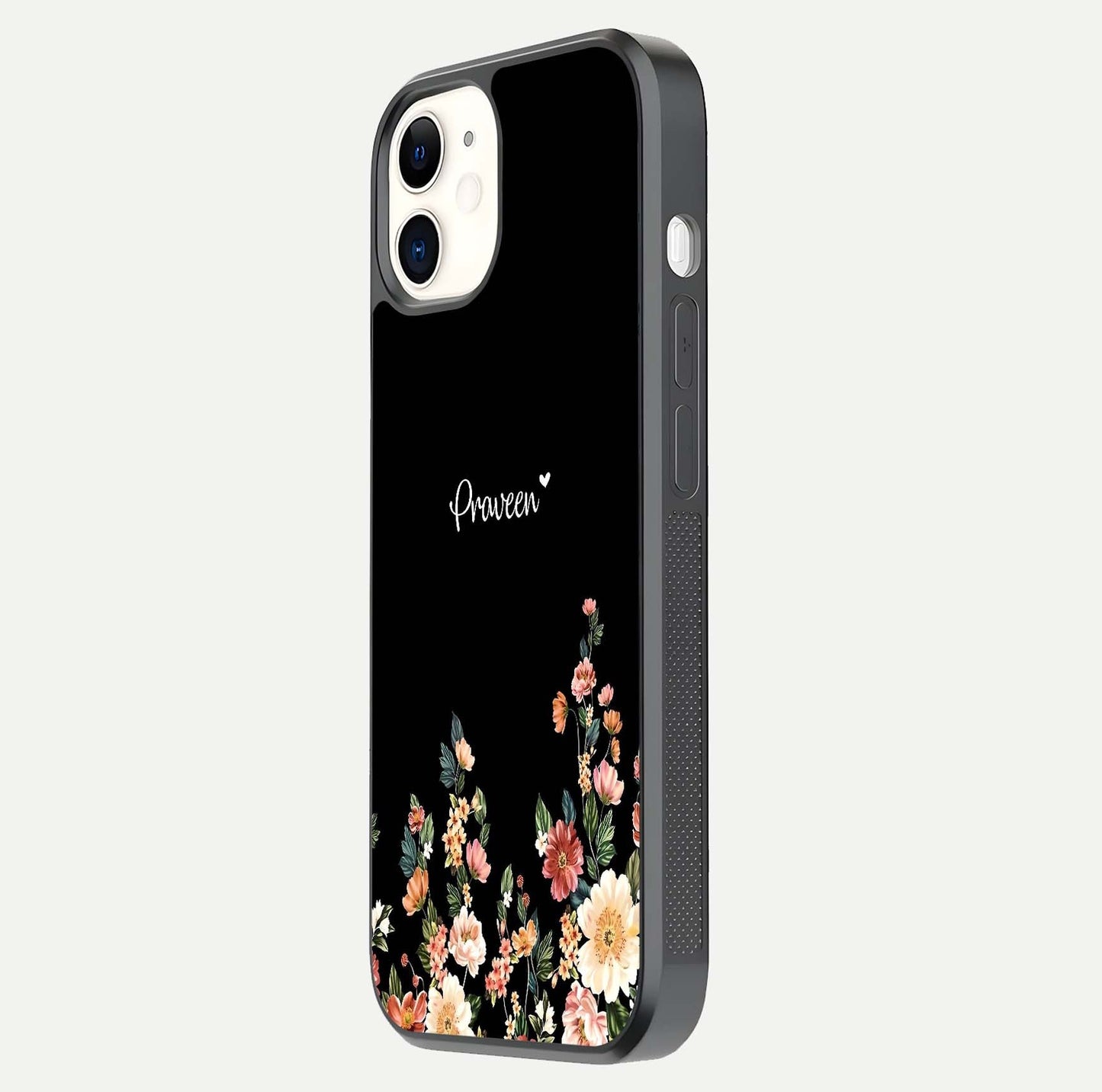 Floral Design Personalized Custom Name Glass Case for iPhone 12 Mini side-angle image showing name alignment and gloss shine