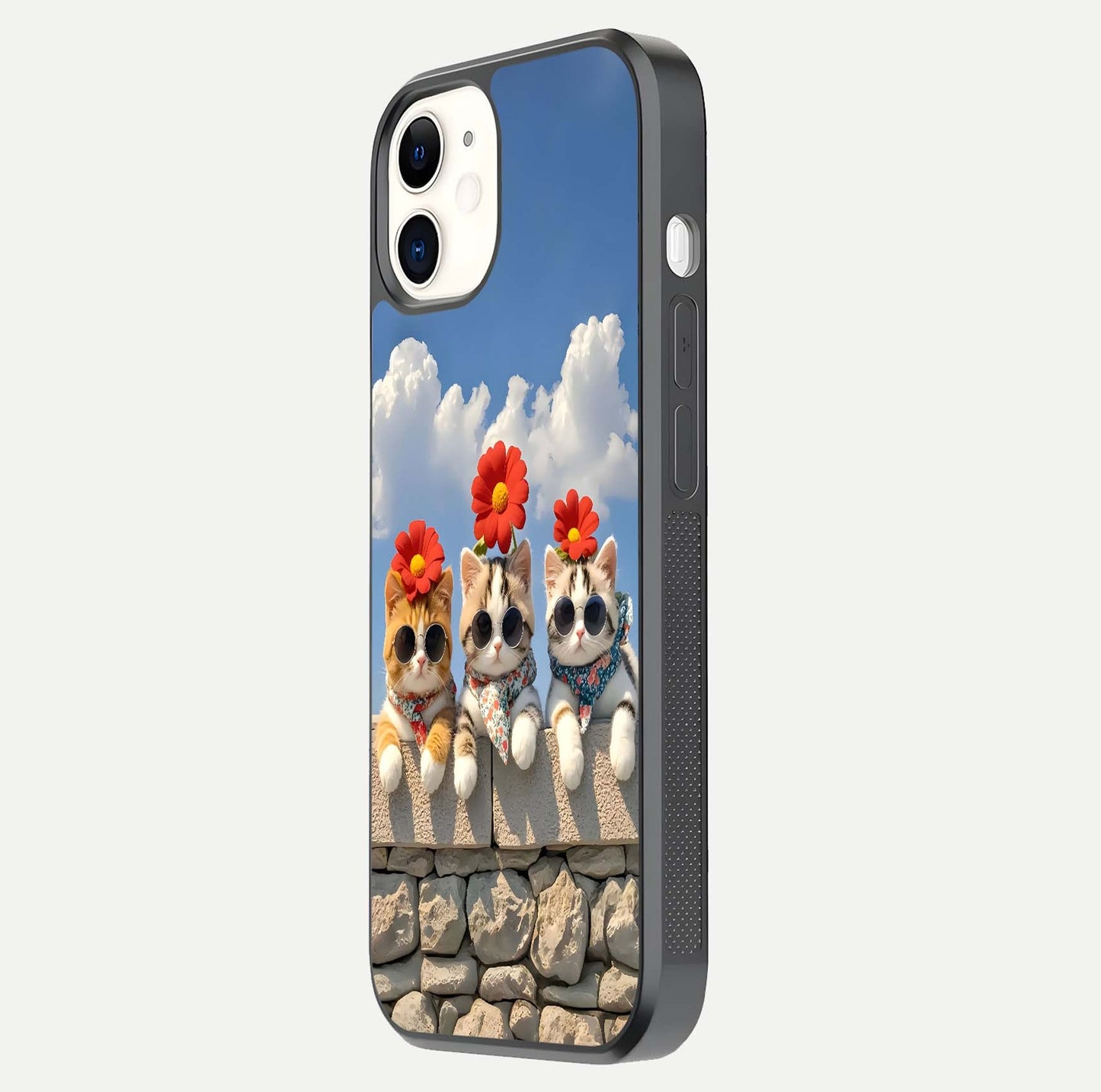 Floral Kitty Squad Glass Case for iPhone 12 Mini side-angle photo showing reflection glow and polished surface