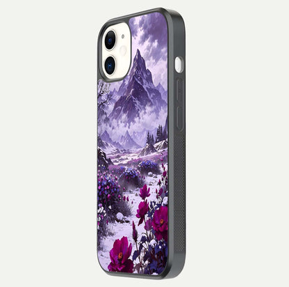 Flower Mountain View Glass Case for iPhone 12 Mini side-angle image showing gloss polish and smooth edge