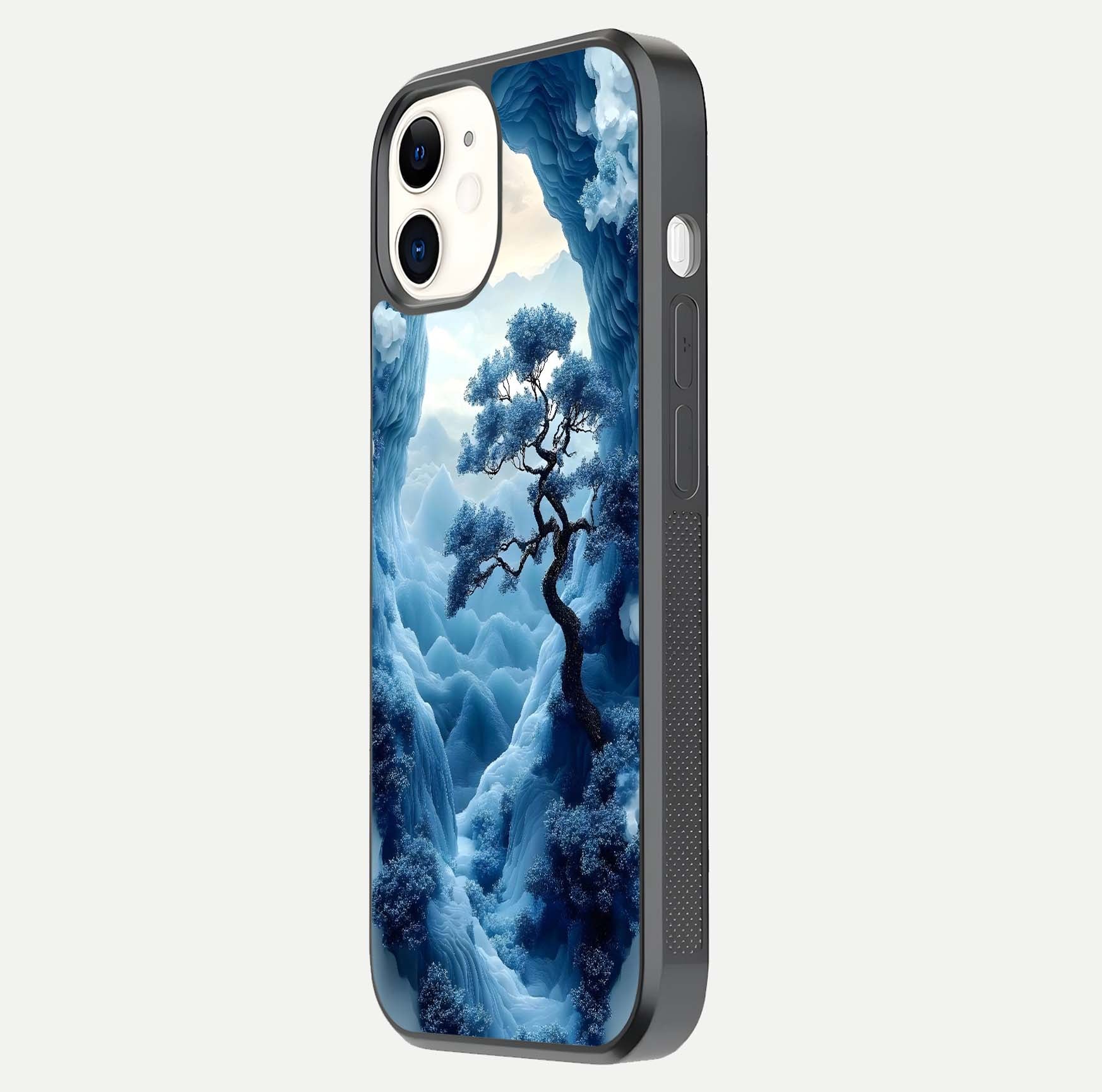 Frozen Serenity Gate Glass Case for iPhone 12 Mini side-angle photo showing reflective surface and cold tones