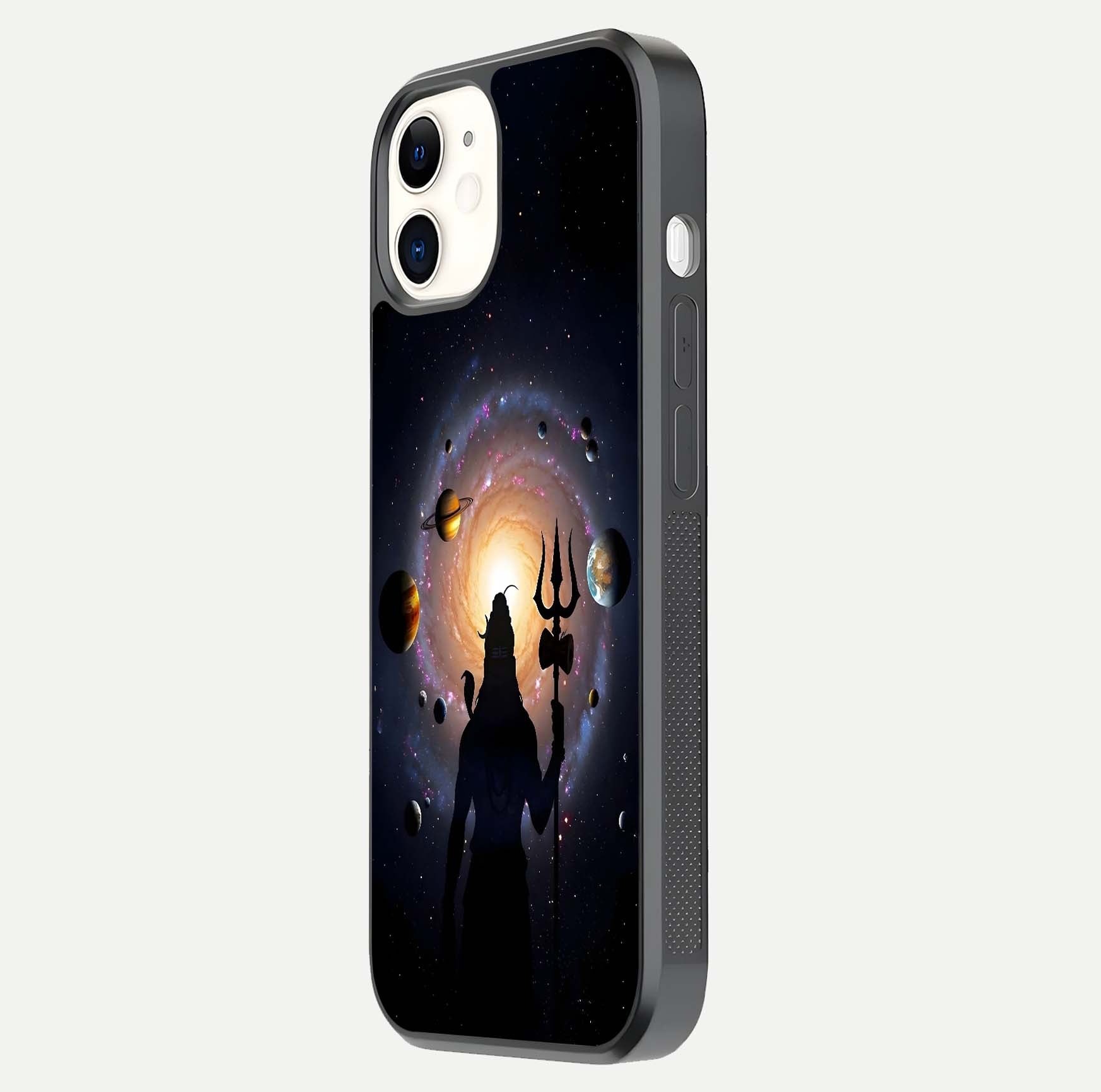 Galactic Shiva Vision Glass Case for iPhone 12 Mini side-angle image showing light reflection, glass edges, and spiritual cosmic theme