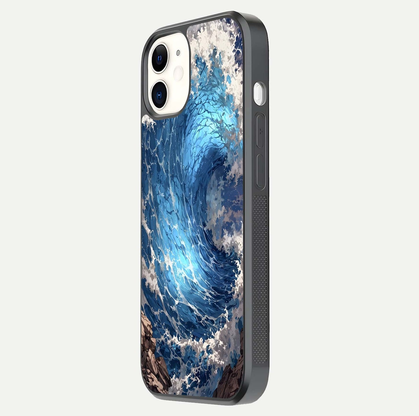 Giant Ocean Wave Glass Case for iPhone 12 Mini side-angle image showing light reflection and ocean detail