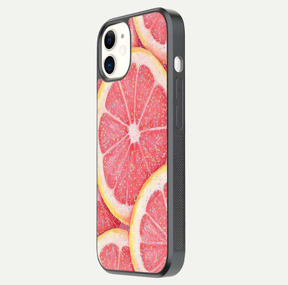 Glitter Grapefruit Glass Case for iPhone 12 Mini side-angle image showing reflection glow and polished edges
