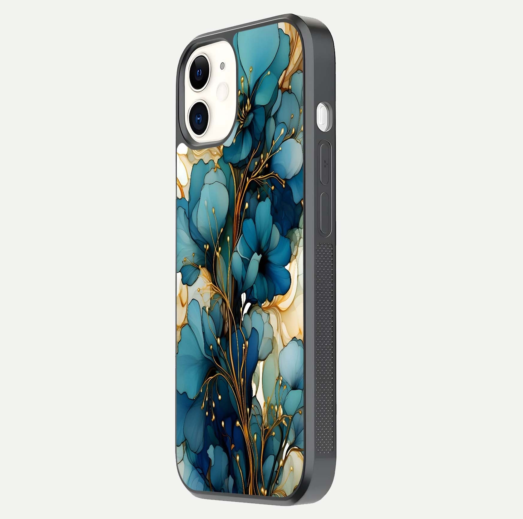 Golden Bloom Symphony Glass Case for iPhone 12 Mini side-angle image showing golden glow, light reflection, and premium surface