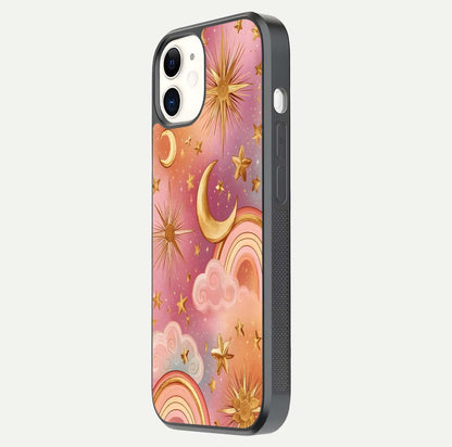 Golden Celestial Dreams Glass Case for iPhone 12 Mini side-angle image capturing reflection brightness and starry detail