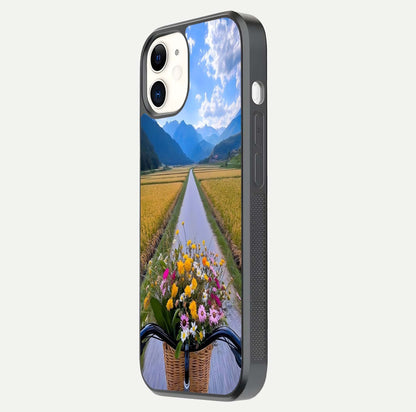 Golden Field Journey Glass Case for iPhone 12 Mini side-angle image showing golden glow, reflection shine, and curved edge