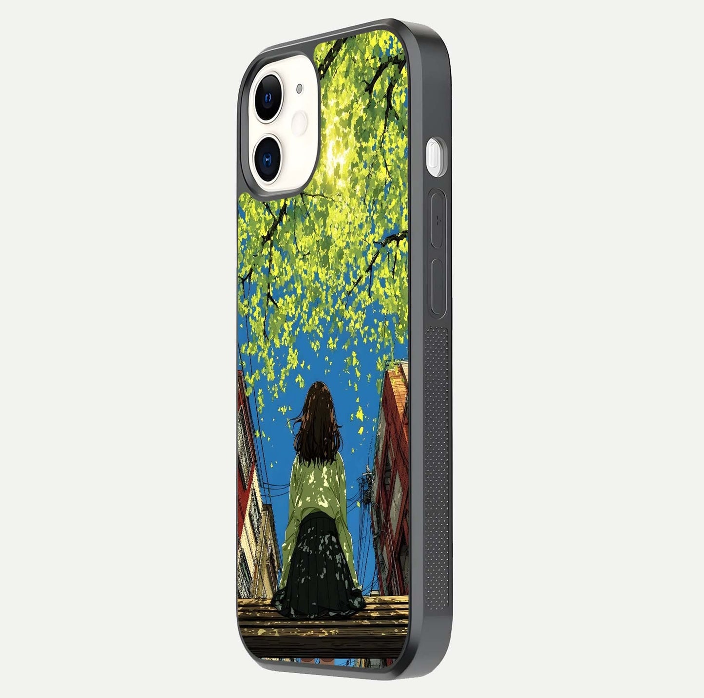 Golden Leaves Glow Glass Case for iPhone 12 Mini side-angle image showing reflection polish and elegant pattern