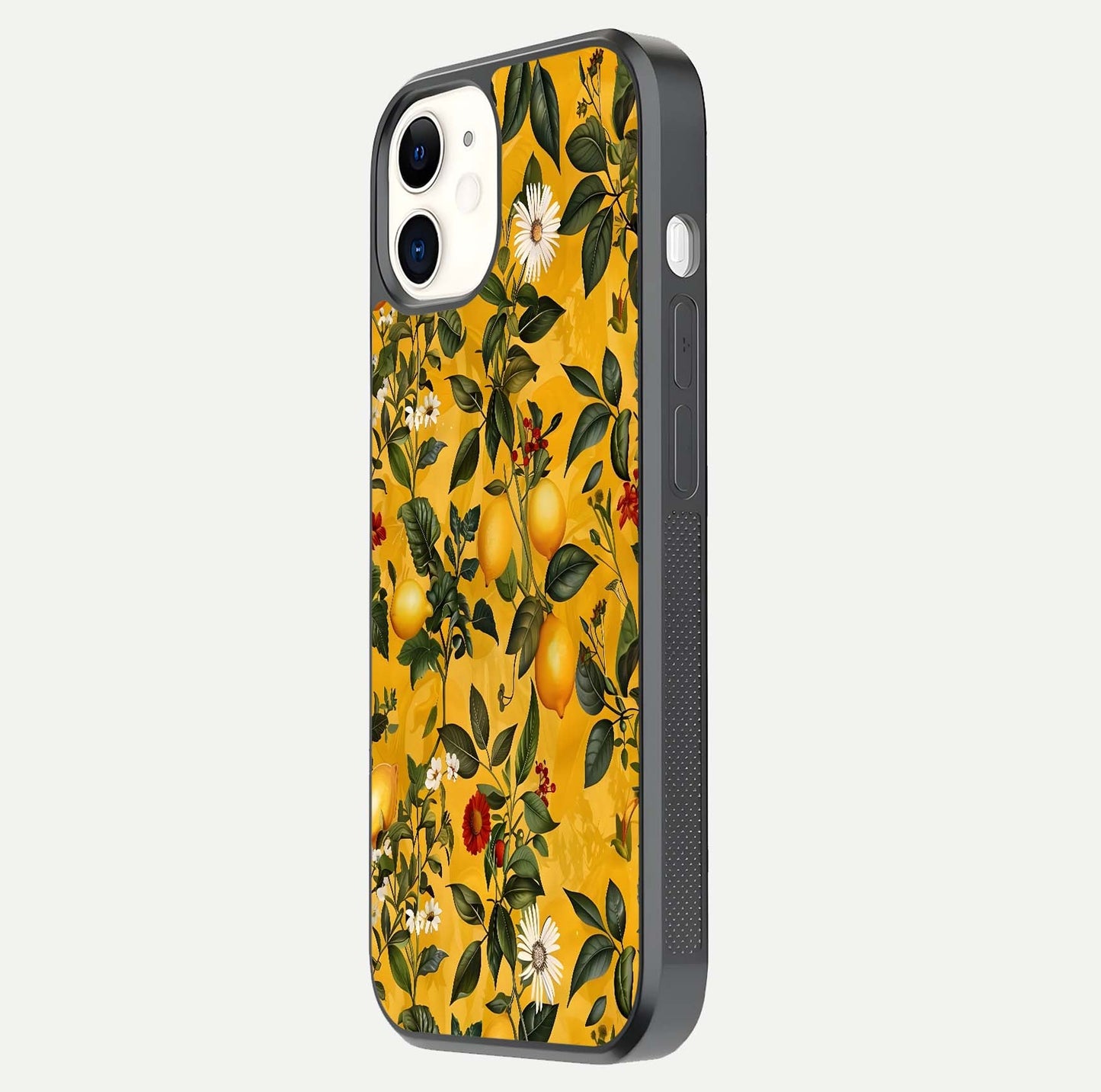 Golden Lemon Field Glass Case for iPhone 12 Mini side-angle image showing reflection clarity and juicy color tone
