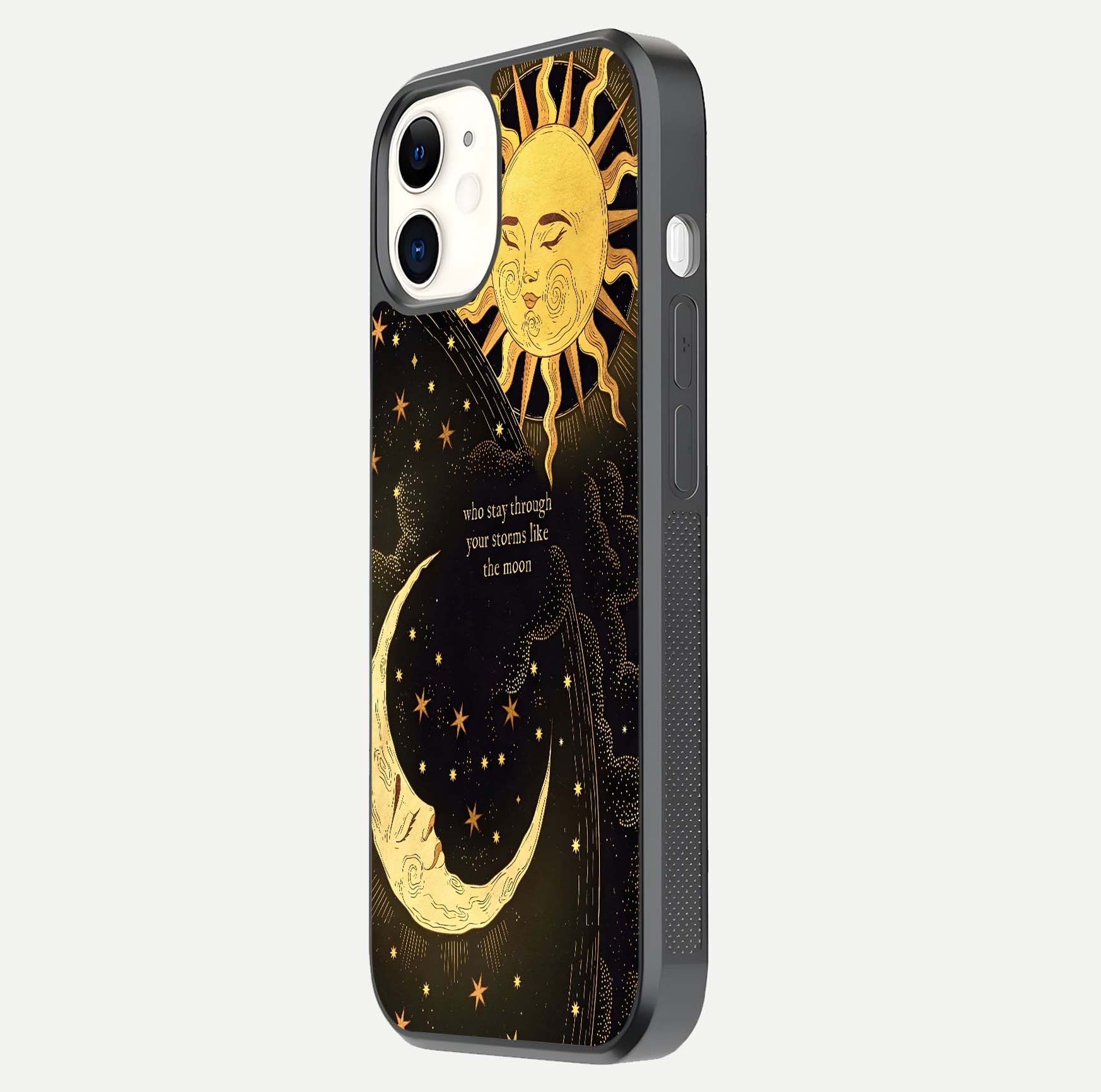 Golden Lunar Love Glass Case for iPhone 12 Mini side-angle image showing reflection brilliance and smooth golden tone