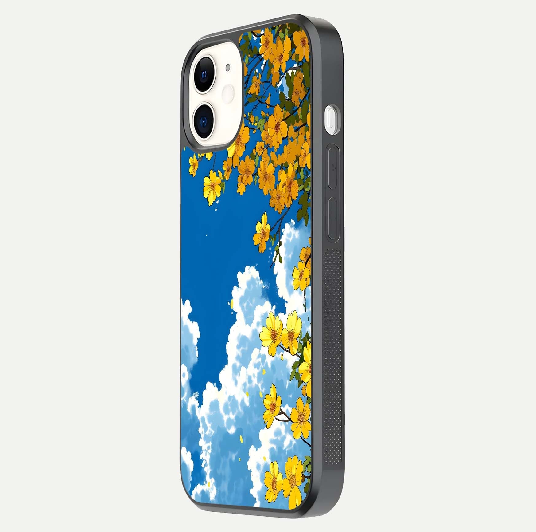 Golden Petal Sky Glass Case for iPhone 12 Mini side-angle image showing reflection depth and metallic floral tones