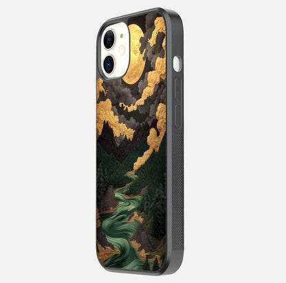 Golden River Moon Glass Case for iPhone 12 Mini side-angle image showing reflection clarity and detailed nightscape