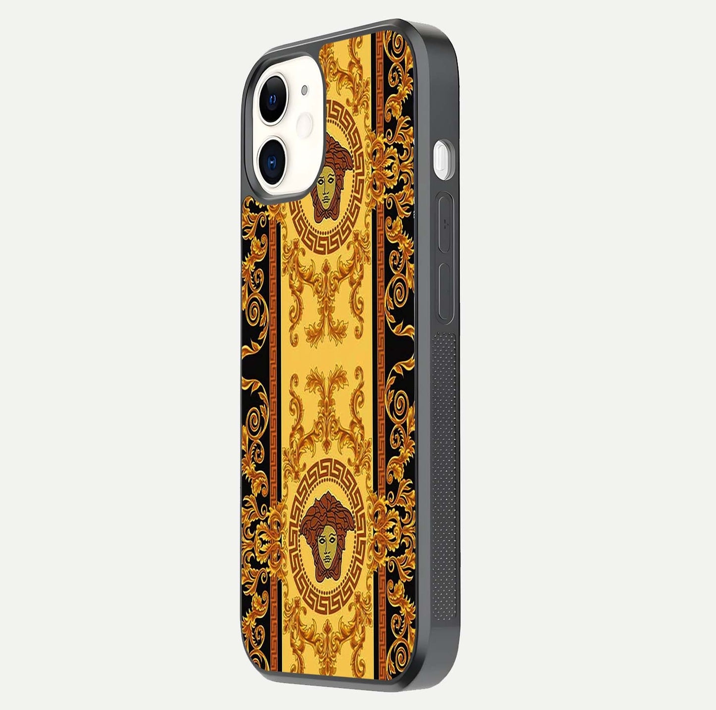 Golden Royal Heritage Glass Case for iPhone 12 Mini side-angle image showing reflection glow and luxury detailing