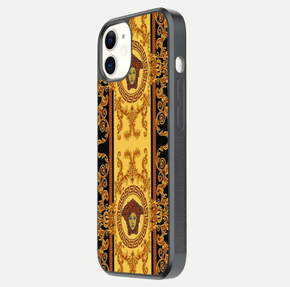 Golden Royal Heritage Glass Case for iPhone 12 Mini side-angle image showing reflection glow and luxury detailing