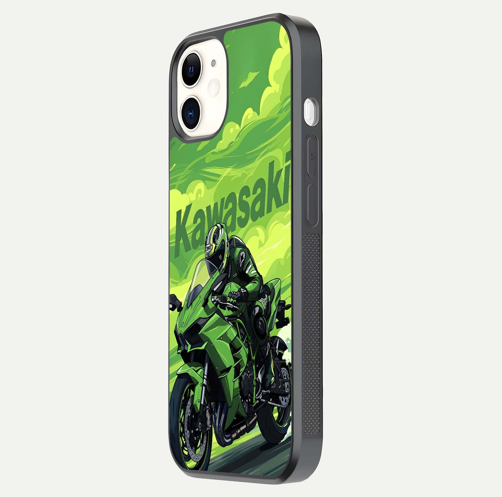 Green Kawasaki Glass Case for iPhone 12 Mini side-angle image showing reflection depth and metallic green accent