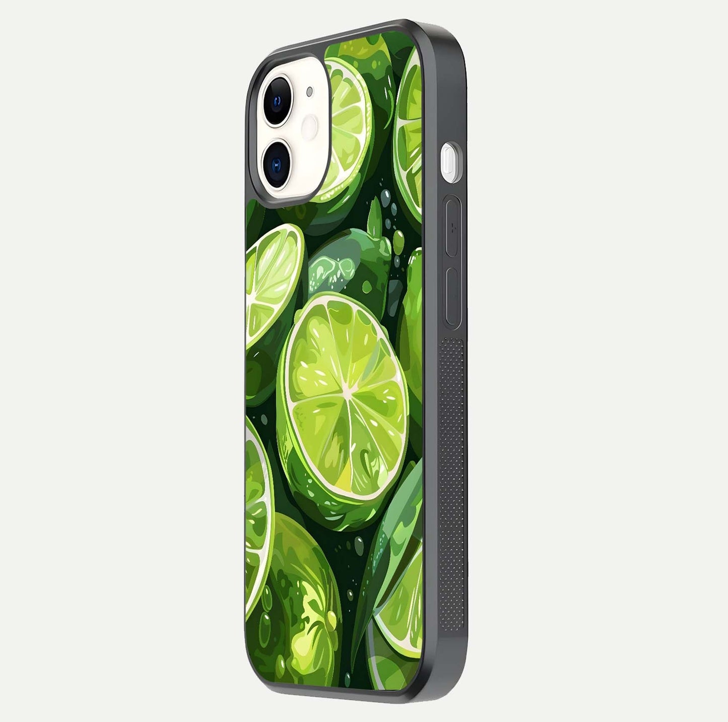 Green Lemon Glass Case for iPhone 12 Mini side-angle image showing reflection glow and juicy color tones