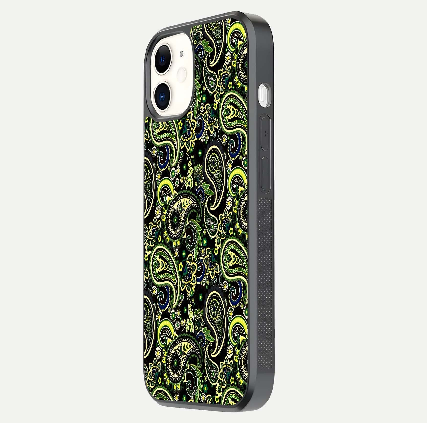 Green Mandala Pattern Glass Case for iPhone 12 Mini side-angle image showing reflection clarity and detailed pattern lines