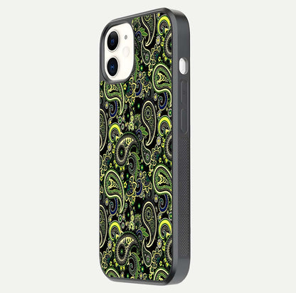 Green Mandala Pattern Glass Case for iPhone 12 Mini side-angle image showing reflection clarity and detailed pattern lines