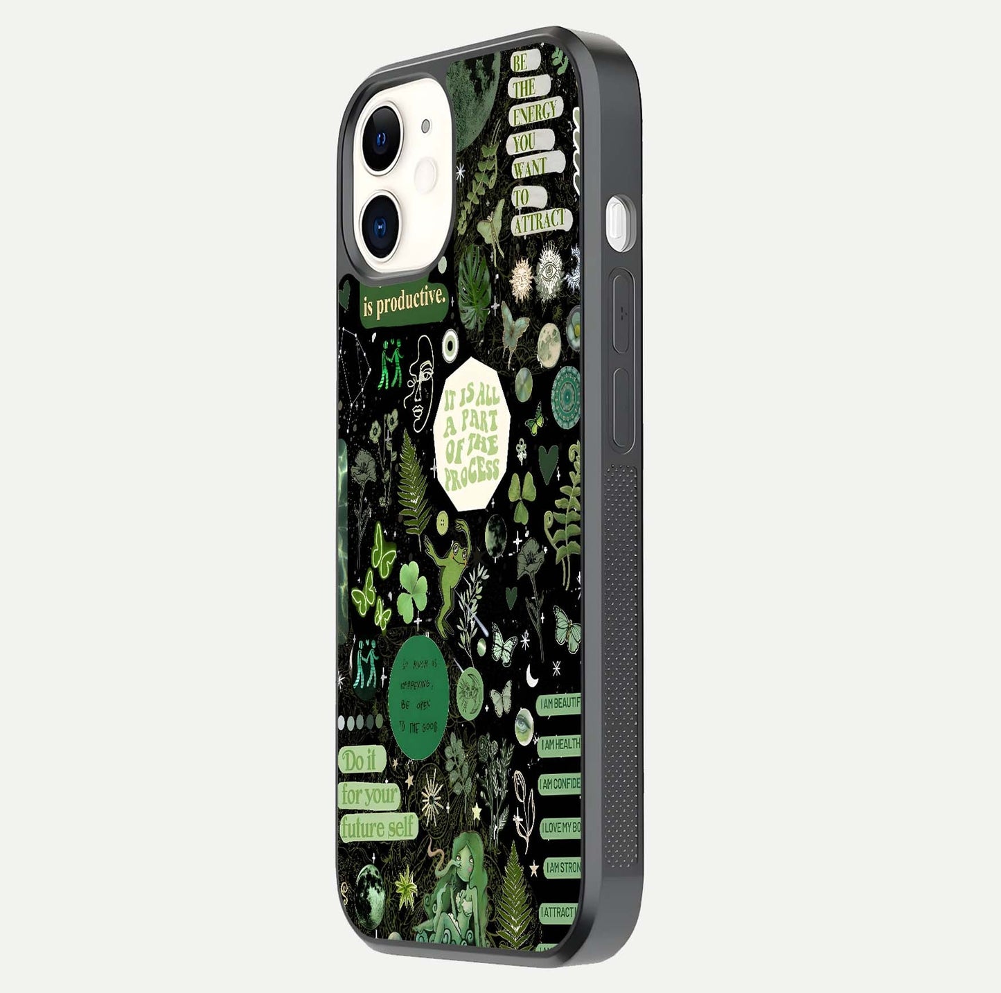 Green Moon Energy Glass Case for iPhone 12 Mini side-angle image showing reflection brilliance and curved finish