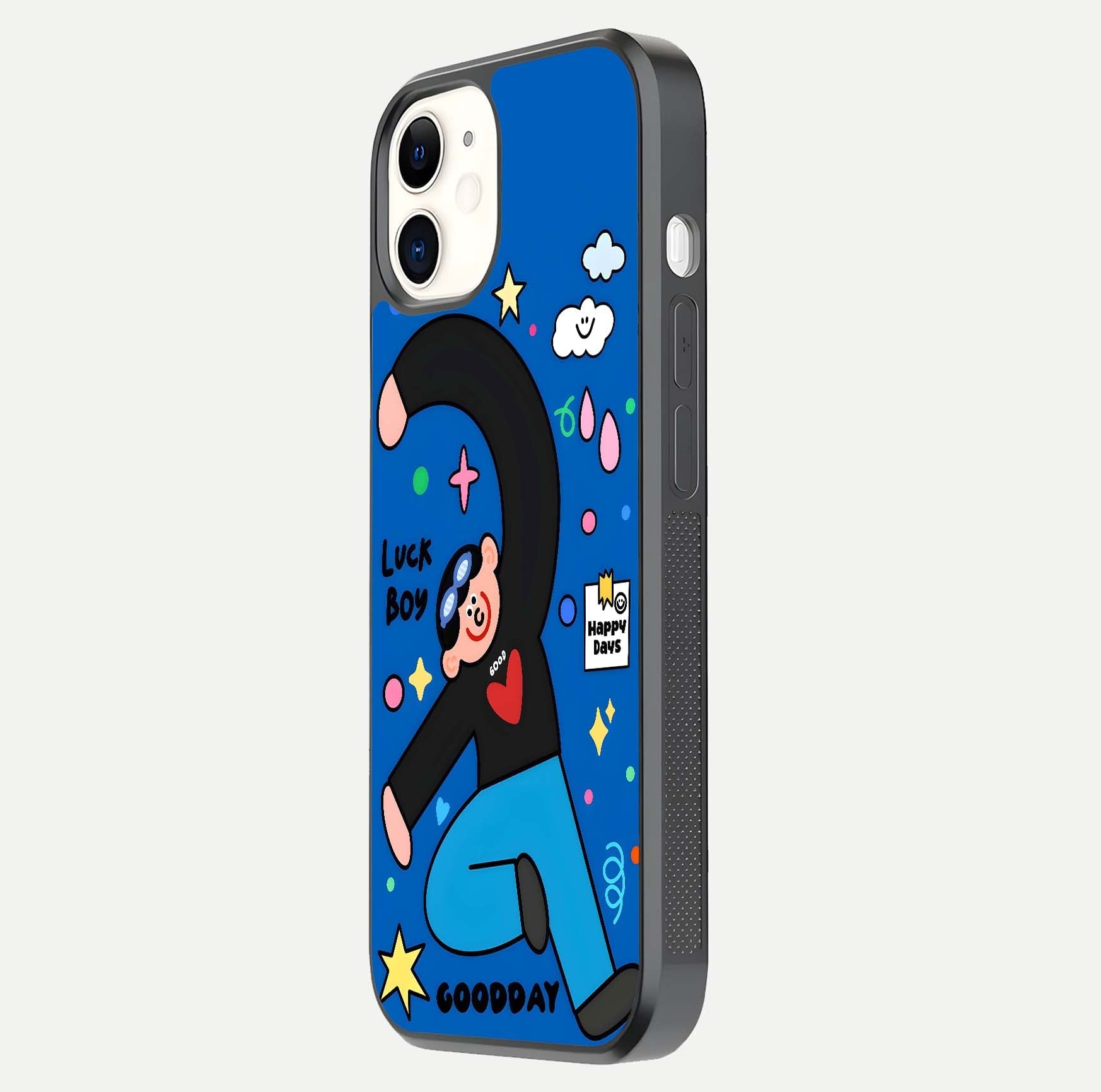 Happy Luck Vibe Glass Case for iPhone 12 Mini side-angle image showing reflection polish and vivid charm design