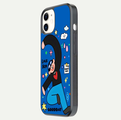 Happy Luck Vibe Glass Case for iPhone 12 Mini side-angle image showing reflection polish and vivid charm design