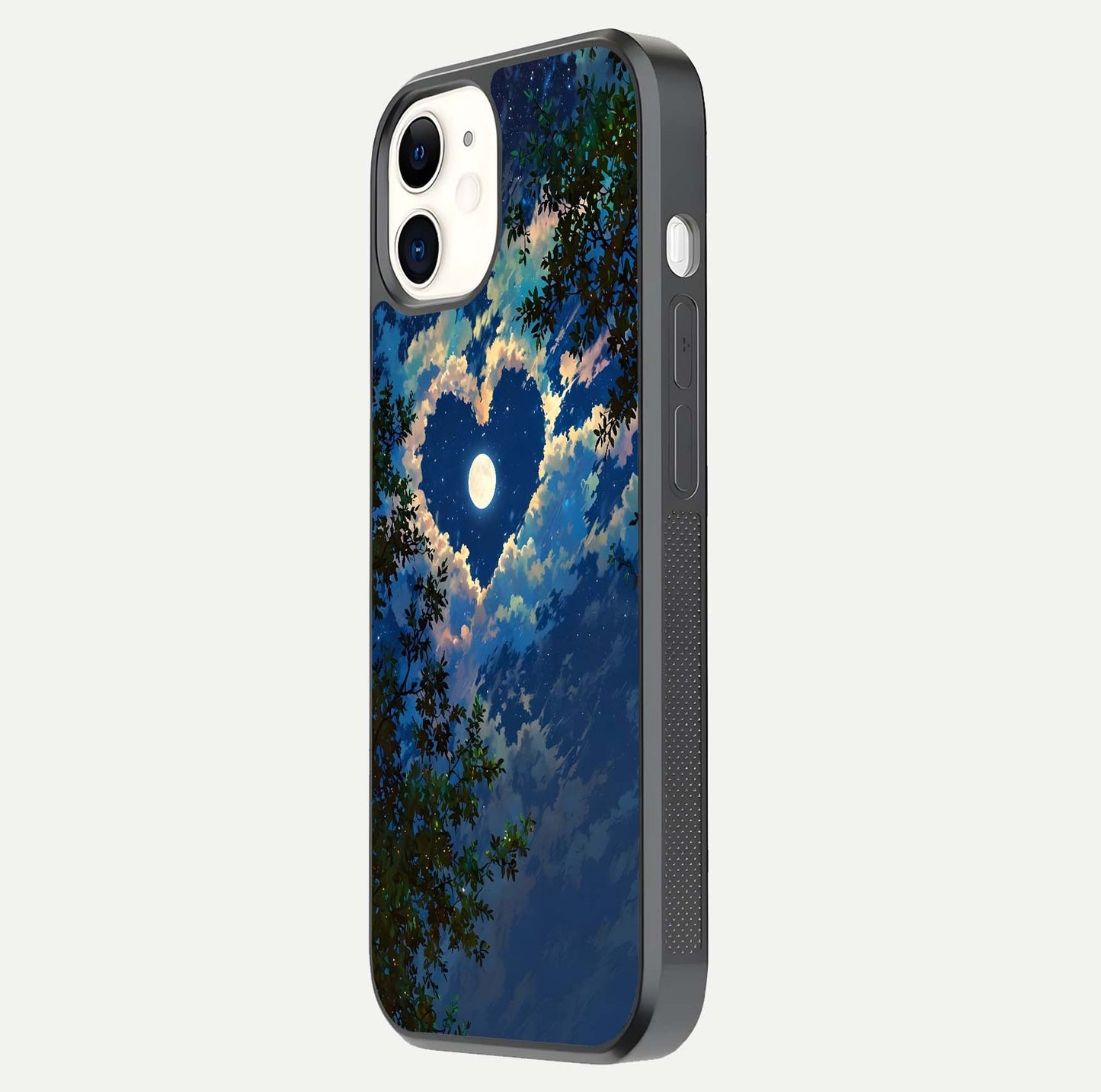 Heart with Moon Sky Glass Case for iPhone 12 Mini side-angle image showing reflection brightness and soft tone finish