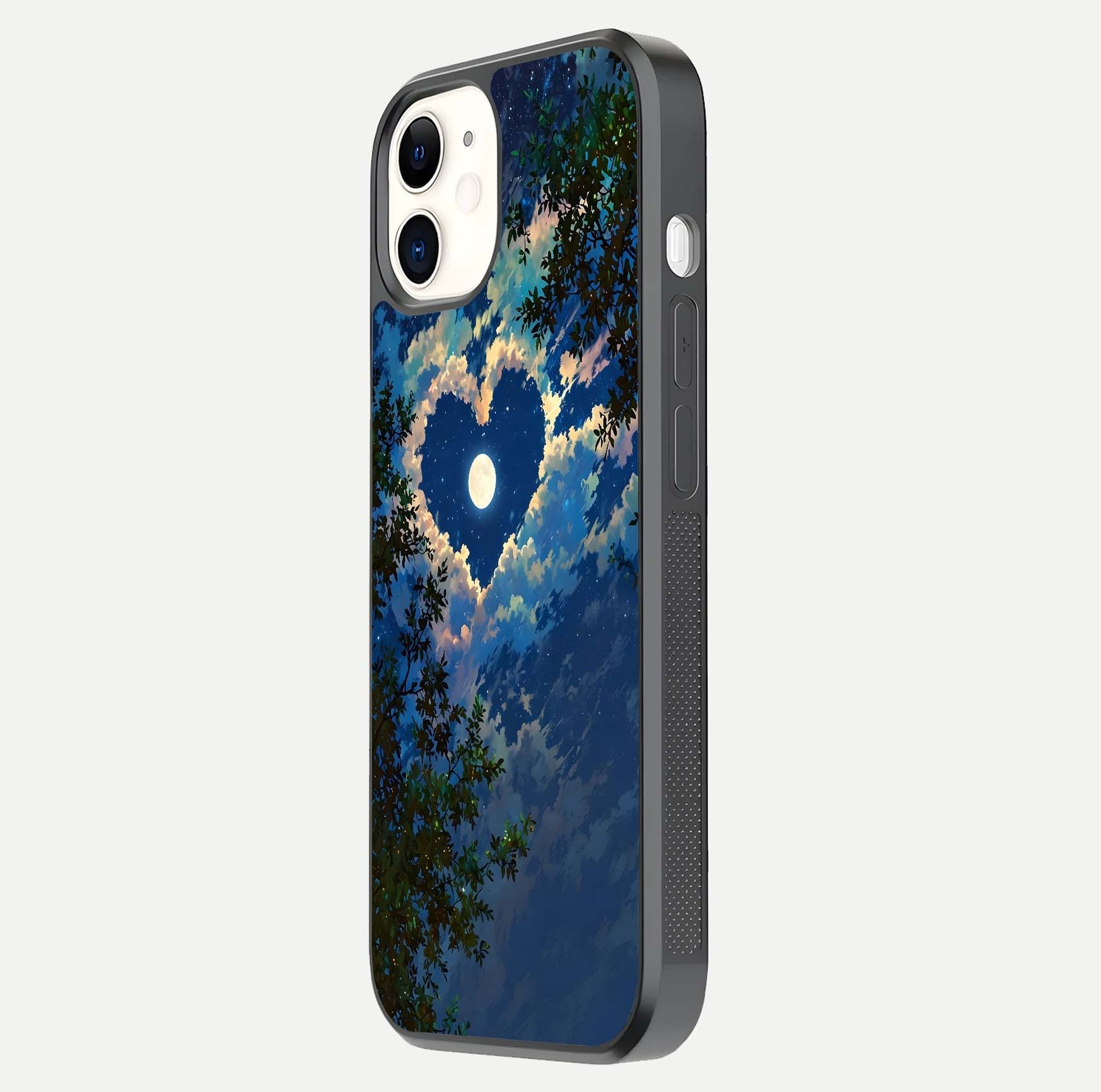 Heart with Moon Sky Glass Case for iPhone 12 Mini side-angle image showing reflection brightness and soft tone finish
