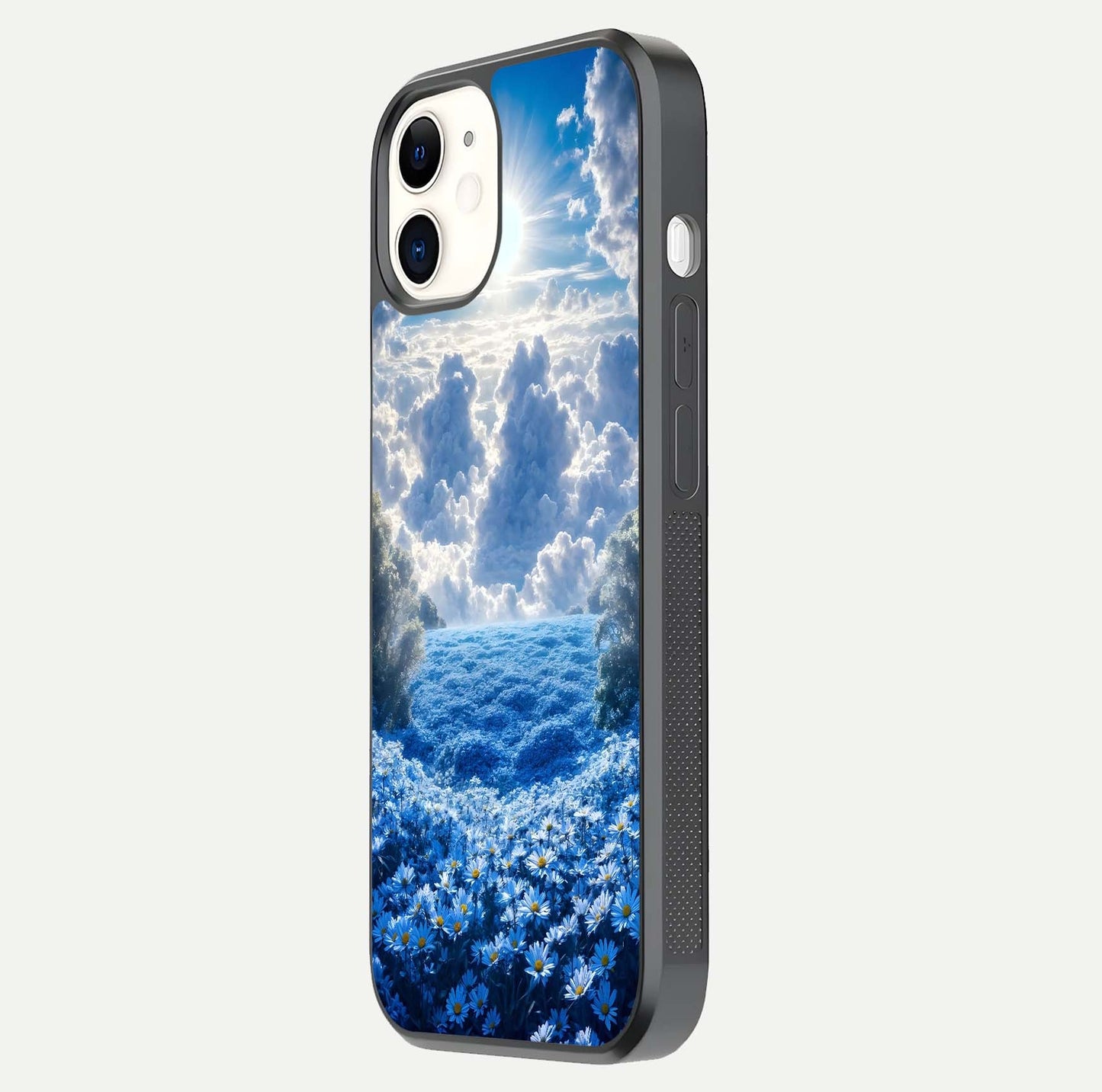 Heavenly Daisy Horizon Glass Case for iPhone 12 Mini side-angle image showing reflection depth and floral glow