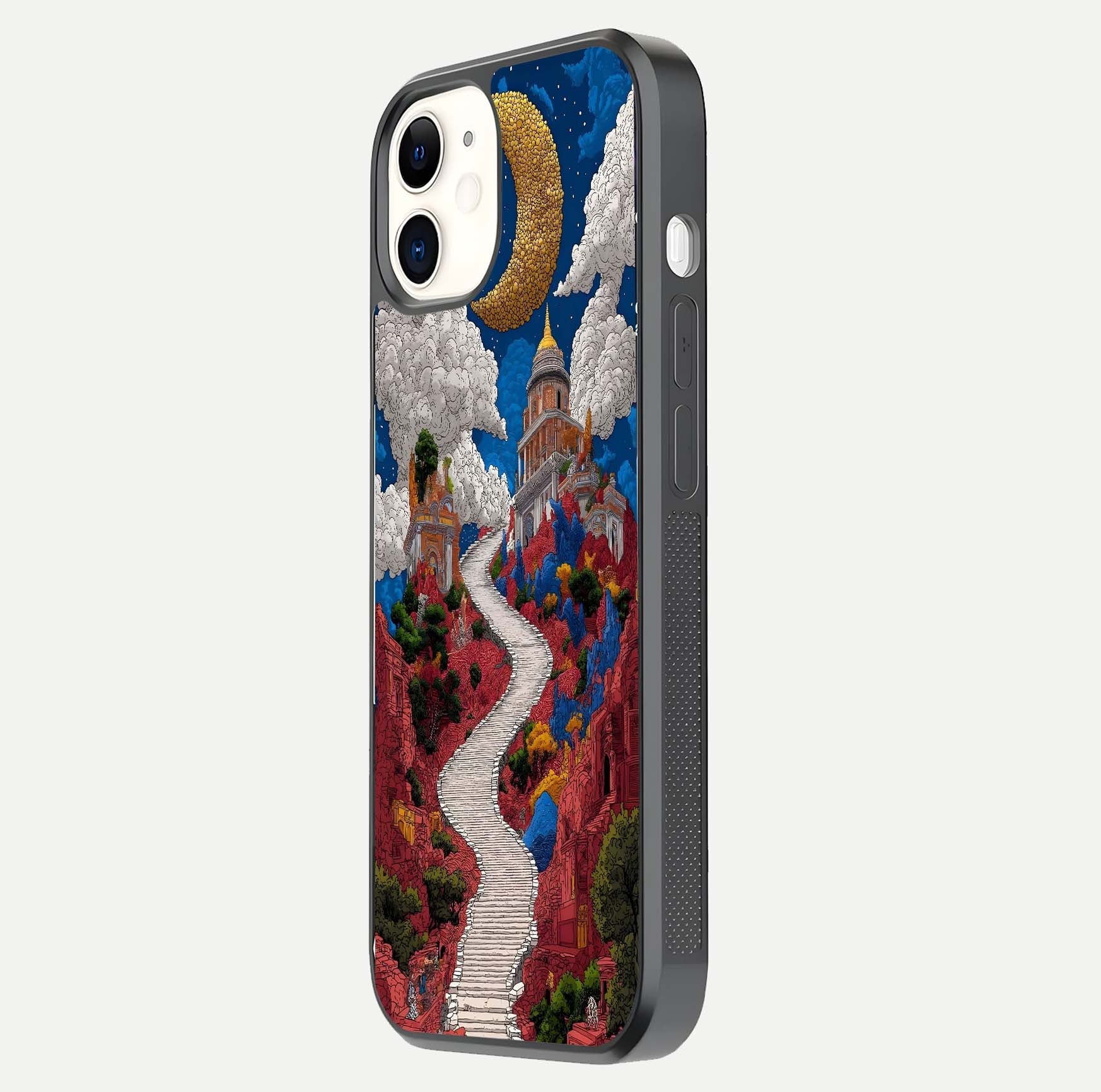 Heavenly Moon Path Glass Case for iPhone 12 Mini side-angle image showing reflection clarity and serene moon glow