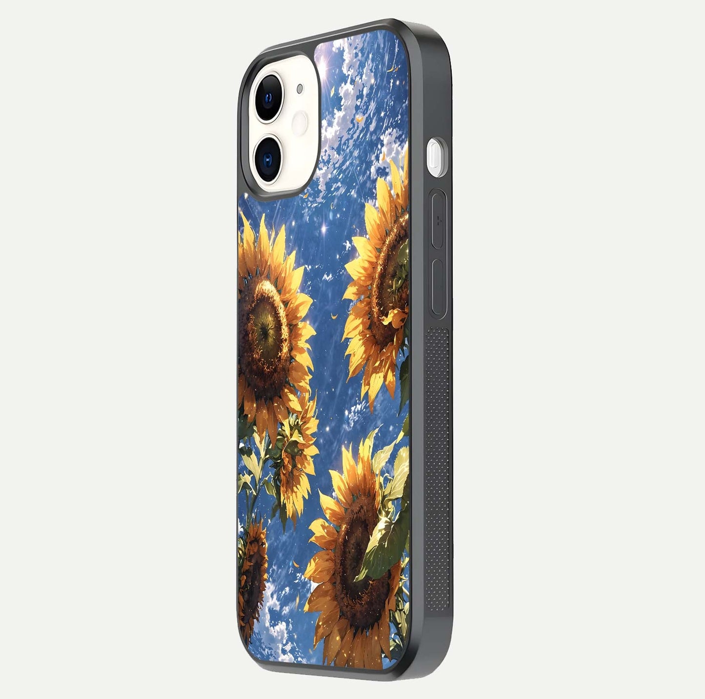 Heavenly Sunflower Rise Glass Case for iPhone 12 Mini side-angle image showing reflection glow and soft yellow tone