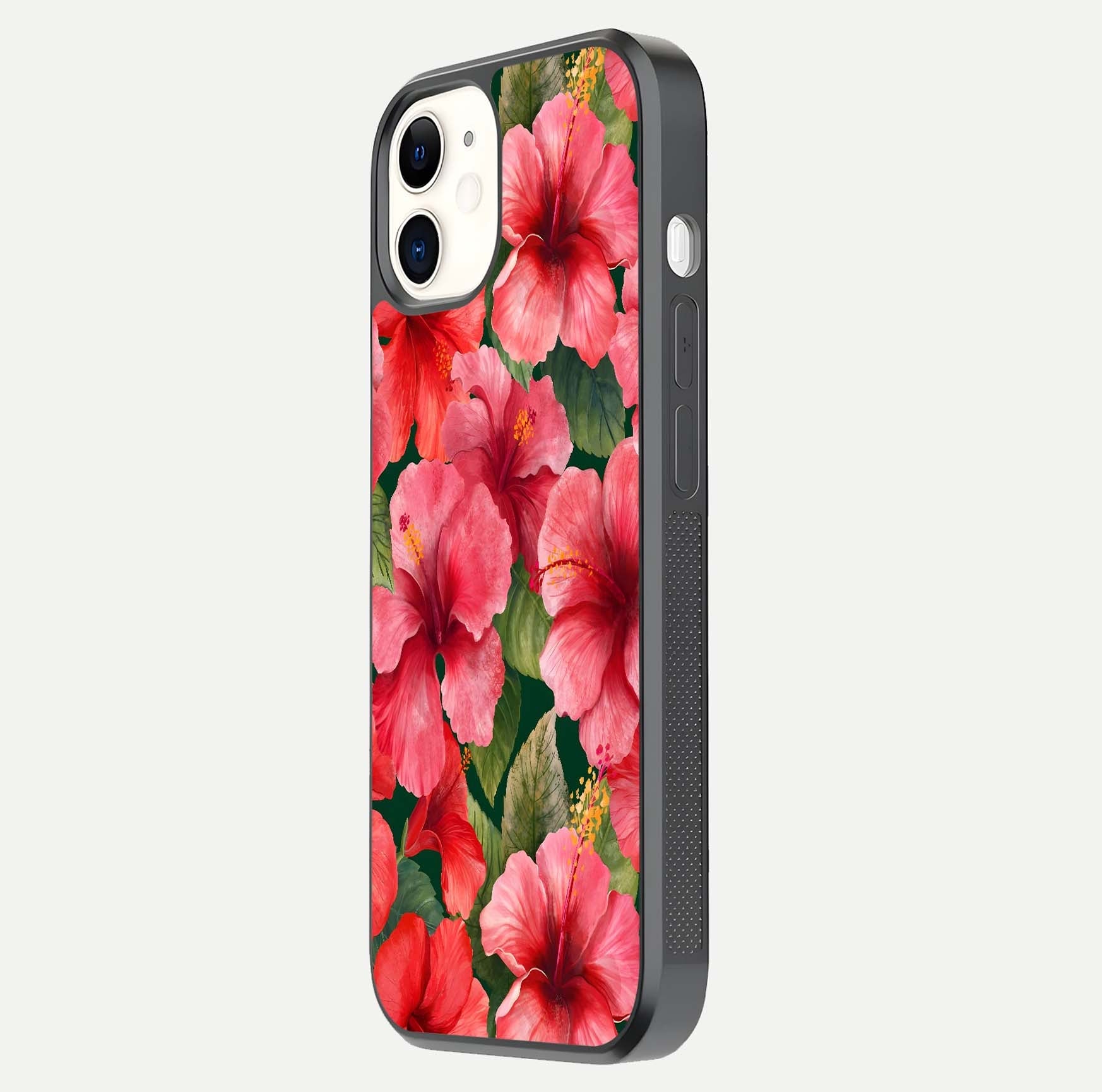 Hibiscus Pattern Glass Case for iPhone 12 Mini side-angle image showing reflection brightness and floral detailing