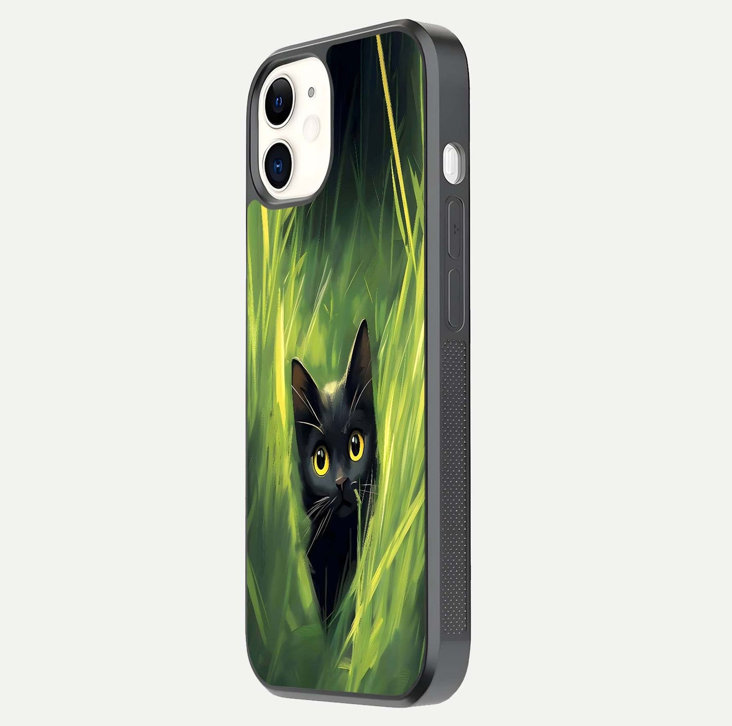 Hidden Cat Whisper Glass Case for iPhone 12 Mini side-angle image showing reflection glow and subtle artistic texture