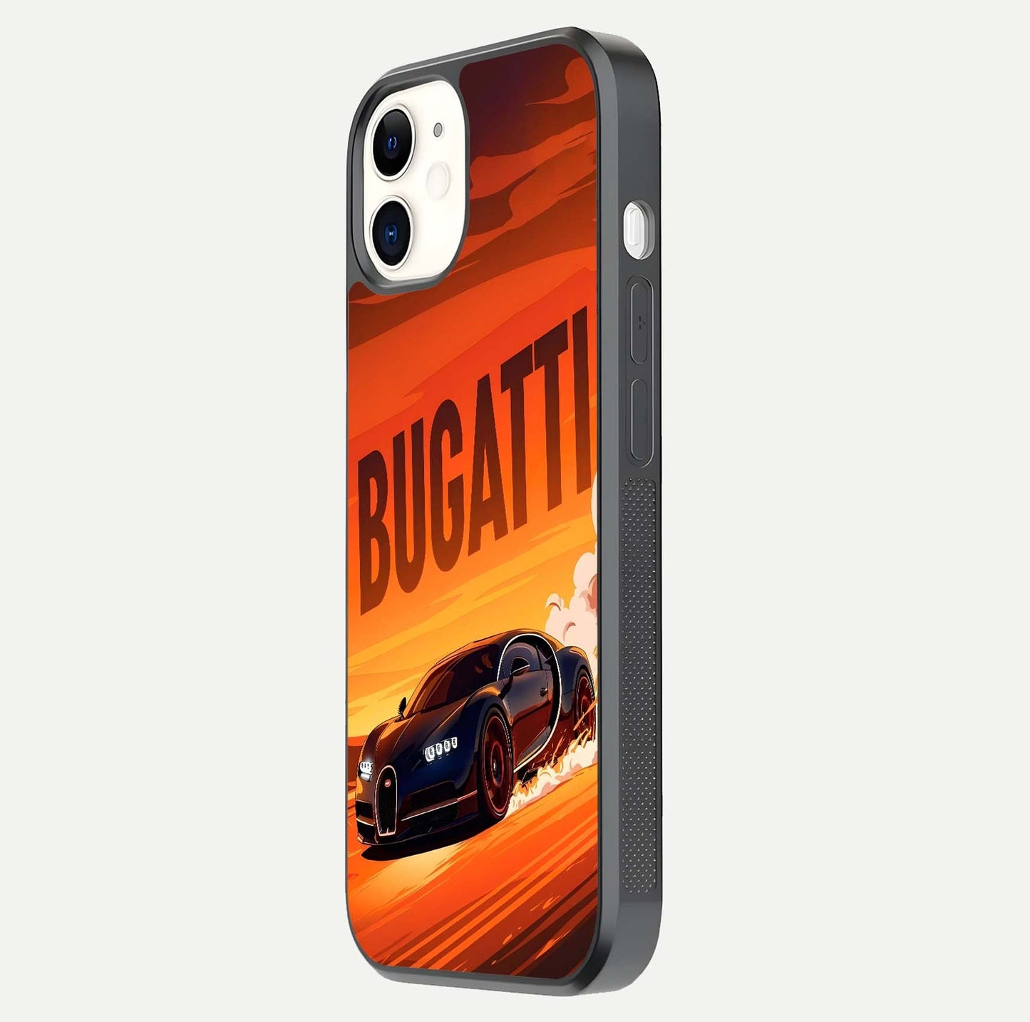 Inferno Bugatti Storm Glass Case for iPhone 12 Mini side-angle image showing reflection glow and vibrant red tones