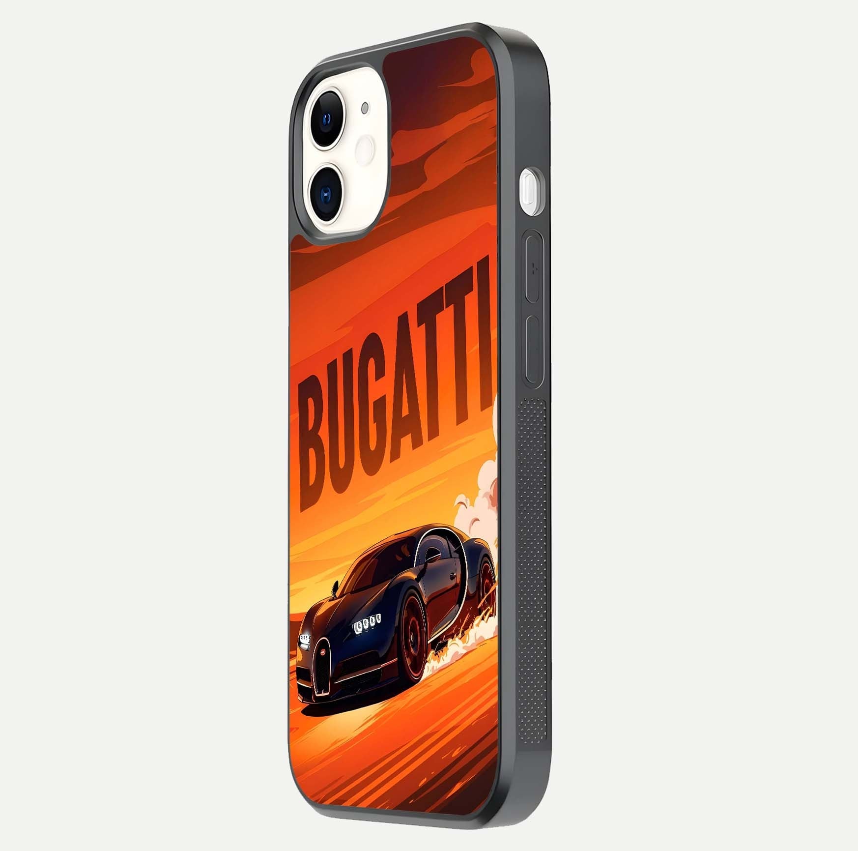 Inferno Bugatti Storm Glass Case for iPhone 12 Mini side-angle image showing reflection glow and vibrant red tones