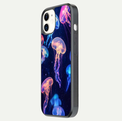 Jellyfish Pattern Glass Case for iPhone 12 Mini side-angle image showing reflection glow and soft water-blue gradient