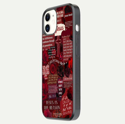 Jesus Love Heals Glass Case for iPhone 12 Mini side-angle image highlighting gloss depth and spiritual aura