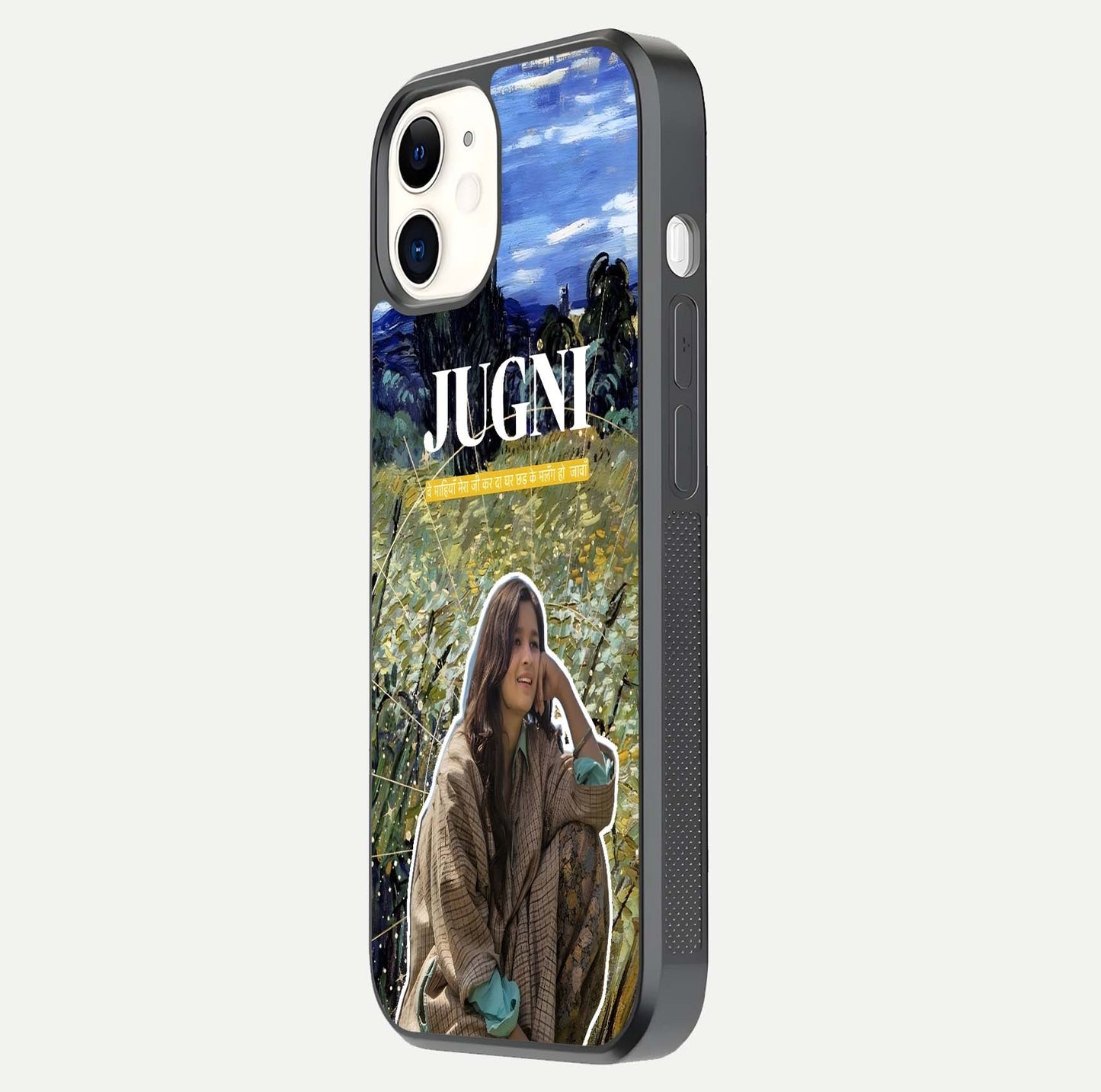Jugni Soul Vibes Glass Case for iPhone 12 Mini side-angle image with stylish typography and HD finish
