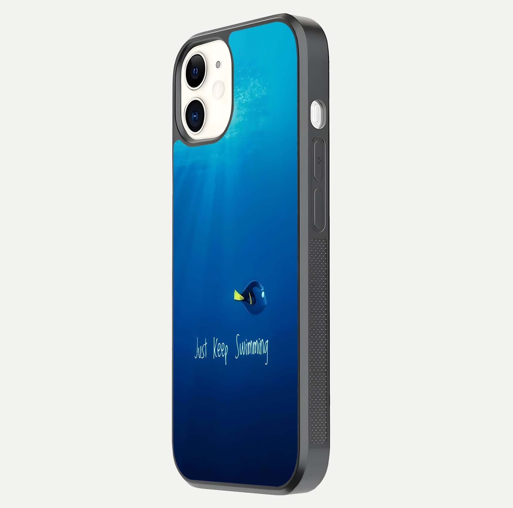 Just Keep Swimming Glass Case for iPhone 12 Mini side-angle image highlighting reflective surface and positive quote