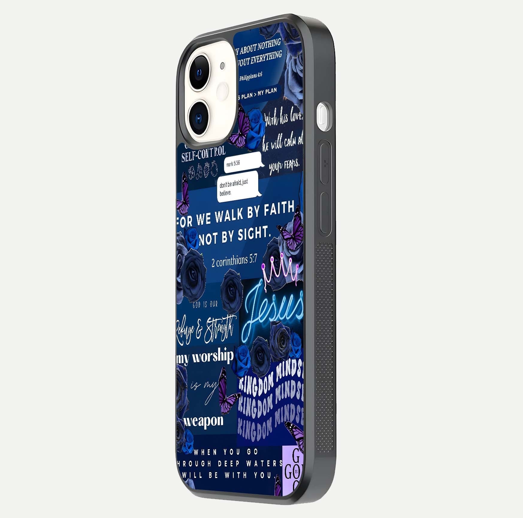 Kingdom Faith Glow Glass Case for iPhone 12 Mini side-angle image with reflective cross and faith glow