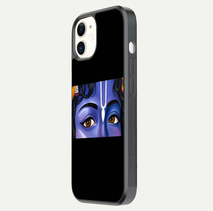 Krishna Eye Glass Case for iPhone 12 Mini side-angle image showing reflection clarity and Krishna symbol design