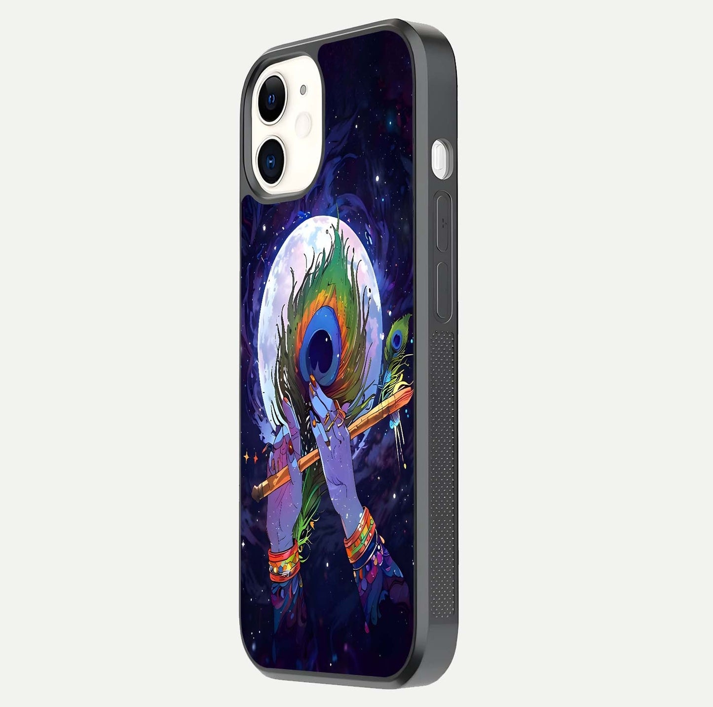 Krishna Hands Art Glass Case for iPhone 12 Mini side-angle image highlighting reflection brightness and vivid print