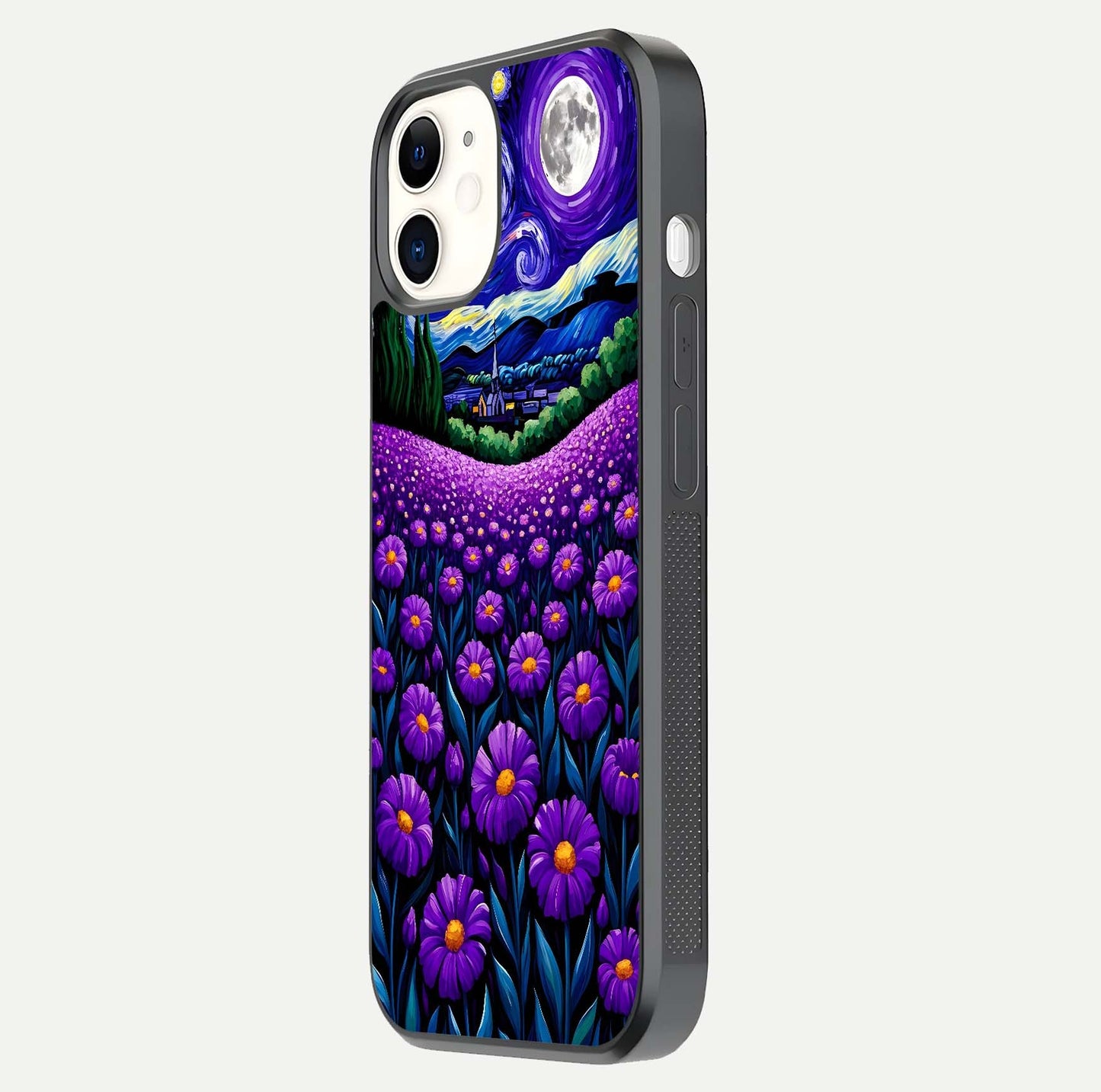Lavender Moon Field Glass Case for iPhone 12 Mini side-angle image showing HD reflection and moonlit lavender art