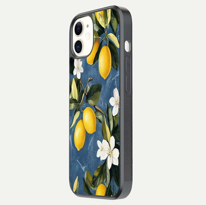 Lemon Dream Garden Glass Case for iPhone 12 Mini side-angle image showing reflection clarity and artistic fruit design