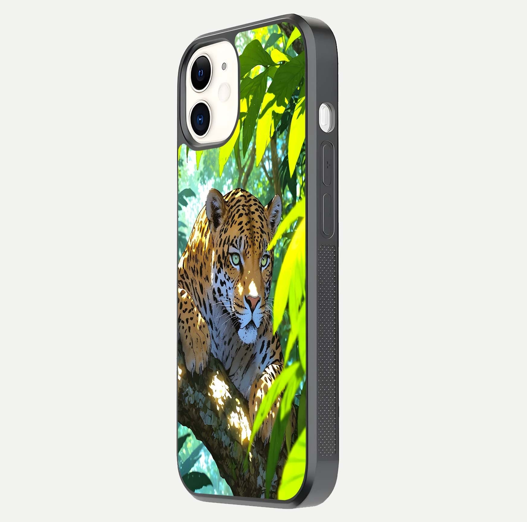 Leopard in Jungle Glass Case for iPhone 12 Mini side-angle shot emphasizing contrast and fierce design clarity